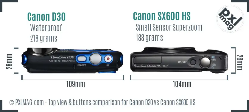 Canon D30 vs Canon SX600 HS top view buttons comparison Canon D30 vs Canon SX600 HS top view buttons comparison
