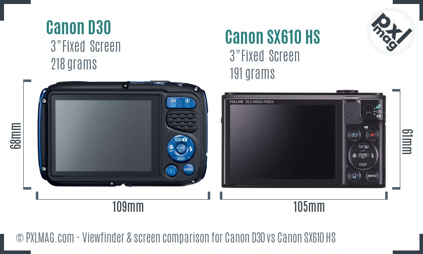 Canon D30 vs Canon SX610 HS Screen and Viewfinder comparison