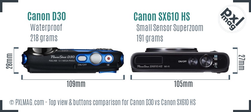 Canon D30 vs Canon SX610 HS top view buttons comparison