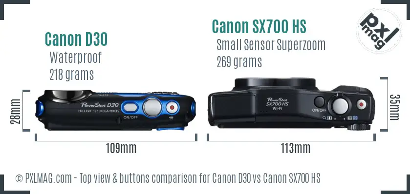 Canon D30 vs Canon SX700 HS top view buttons comparison