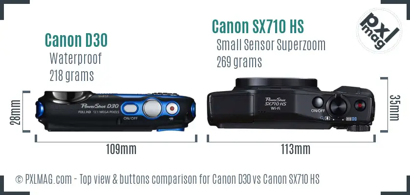 Canon D30 vs Canon SX710 HS top view buttons comparison Canon D30 vs Canon SX710 HS top view buttons comparison