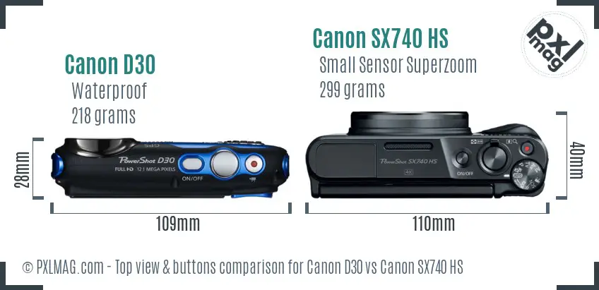 Canon D30 vs Canon SX740 HS top view buttons comparison Canon D30 vs Canon SX740 HS top view buttons comparison