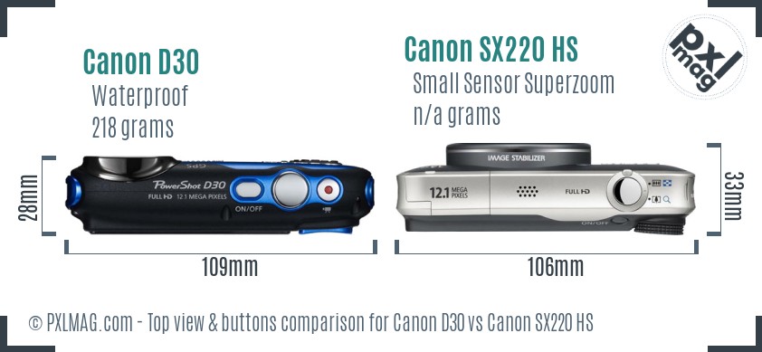 Canon D30 vs Canon SX220 HS top view buttons comparison