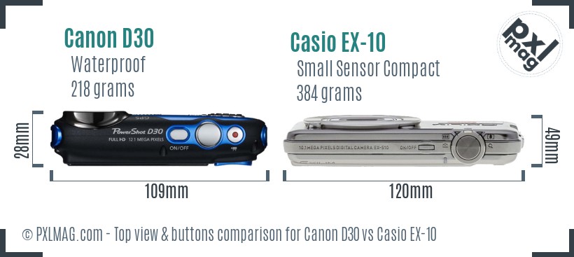 Canon D30 vs Casio EX-10 top view buttons comparison