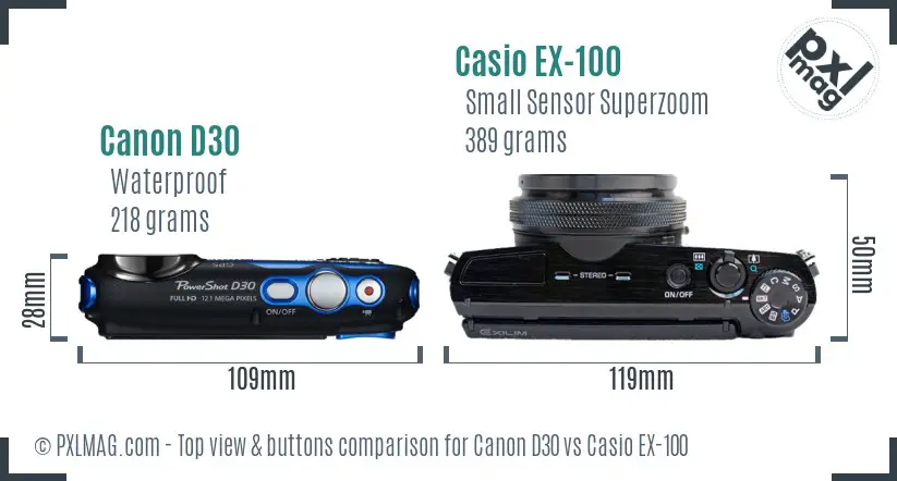 Canon D30 vs Casio EX-100 top view buttons comparison