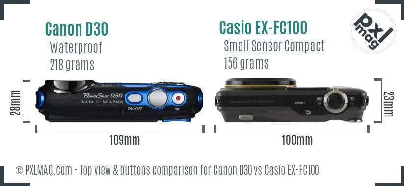 Canon D30 vs Casio EX-FC100 top view buttons comparison