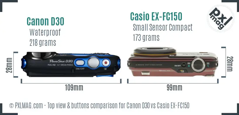 Canon D30 vs Casio EX-FC150 top view buttons comparison Canon D30 vs Casio EX-FC150 top view buttons comparison