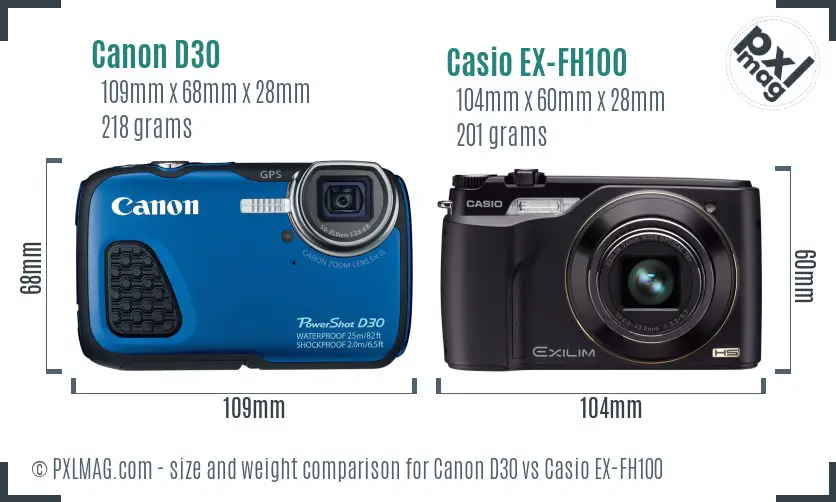 Canon D30 vs Casio EX-FH100 size comparison