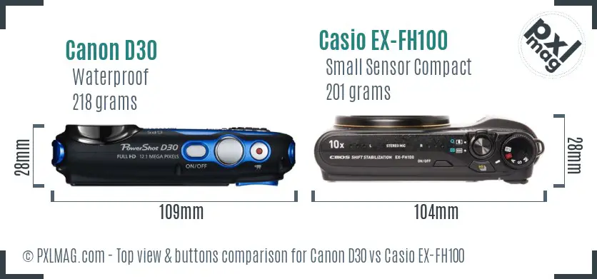 Canon D30 vs Casio EX-FH100 top view buttons comparison