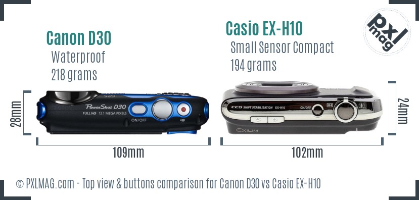 Canon D30 vs Casio EX-H10 top view buttons comparison