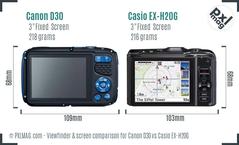 Canon D30 vs Casio EX-H20G Screen and Viewfinder comparison