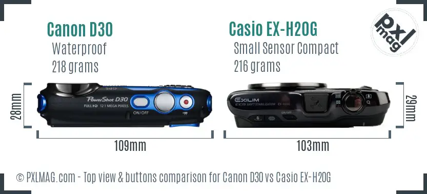 Canon D30 vs Casio EX-H20G top view buttons comparison