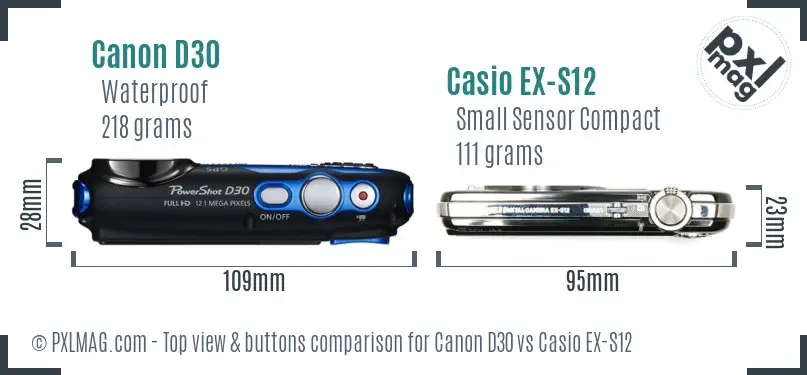 Canon D30 vs Casio EX-S12 top view buttons comparison