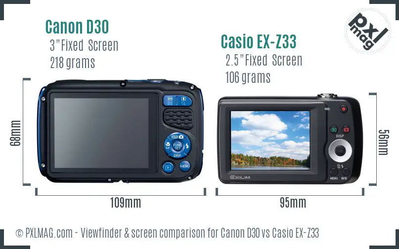 Canon D30 vs Casio EX-Z33 Screen and Viewfinder comparison