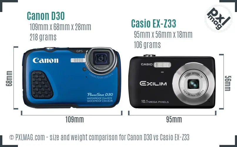 Canon D30 vs Casio EX-Z33 size comparison