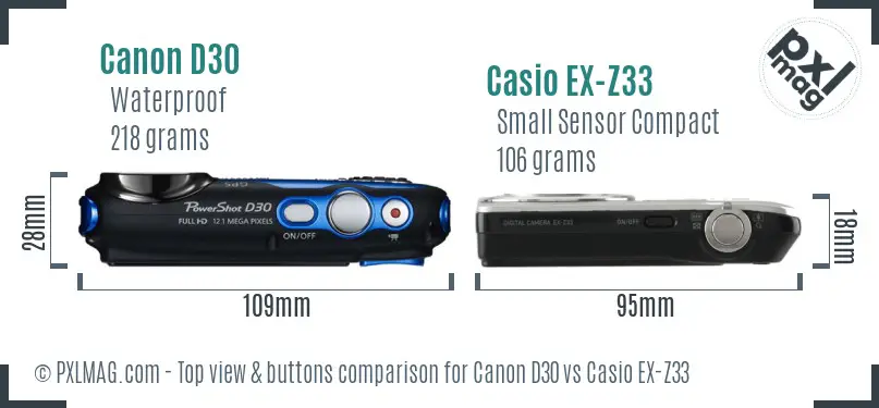 Canon D30 vs Casio EX-Z33 top view buttons comparison