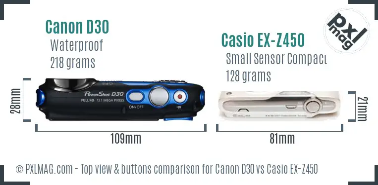 Canon D30 vs Casio EX-Z450 top view buttons comparison