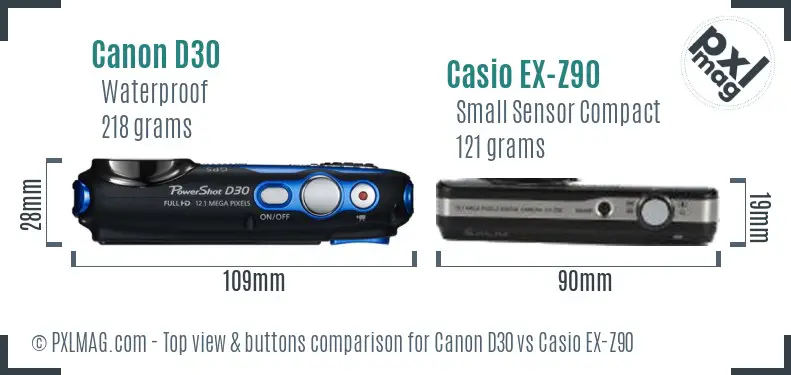 Canon D30 vs Casio EX-Z90 top view buttons comparison