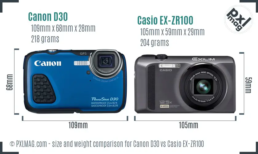 Canon D30 vs Casio EX-ZR100 size comparison Canon D30 vs Casio EX-ZR100 size comparison