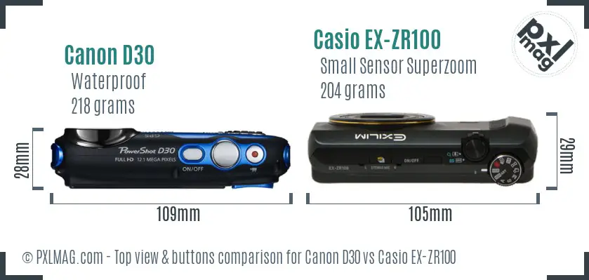 Canon D30 vs Casio EX-ZR100 top view buttons comparison Canon D30 vs Casio EX-ZR100 top view buttons comparison