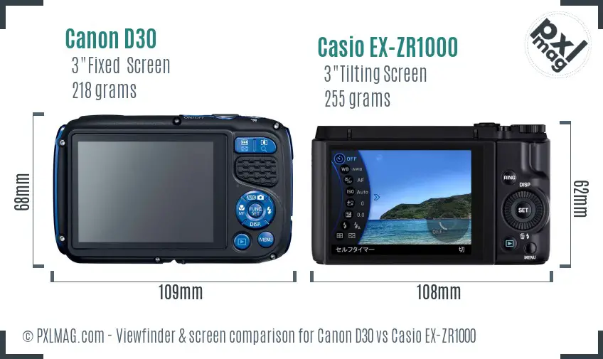 Canon D30 vs Casio EX-ZR1000 Screen and Viewfinder comparison