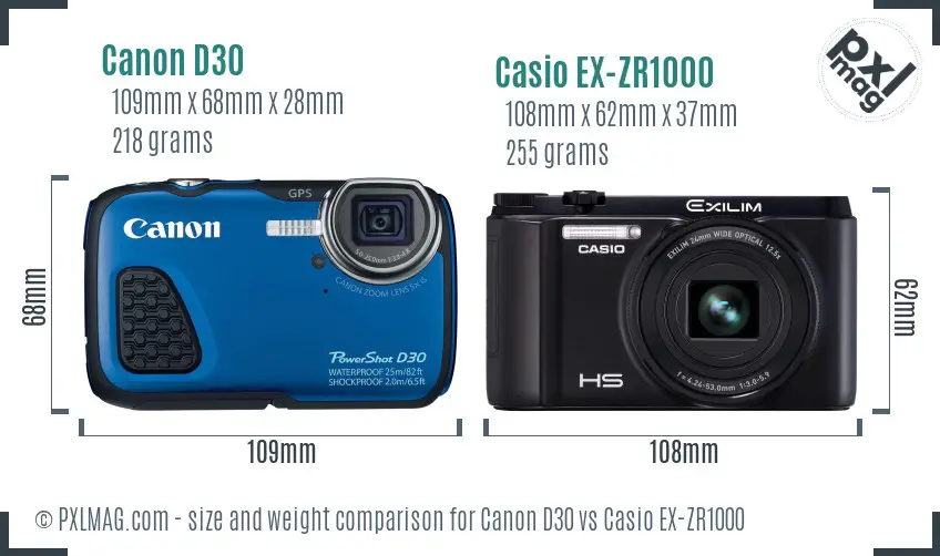 Canon D30 vs Casio EX-ZR1000 size comparison