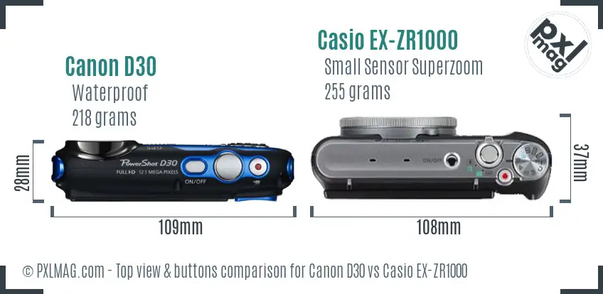 Canon D30 vs Casio EX-ZR1000 top view buttons comparison