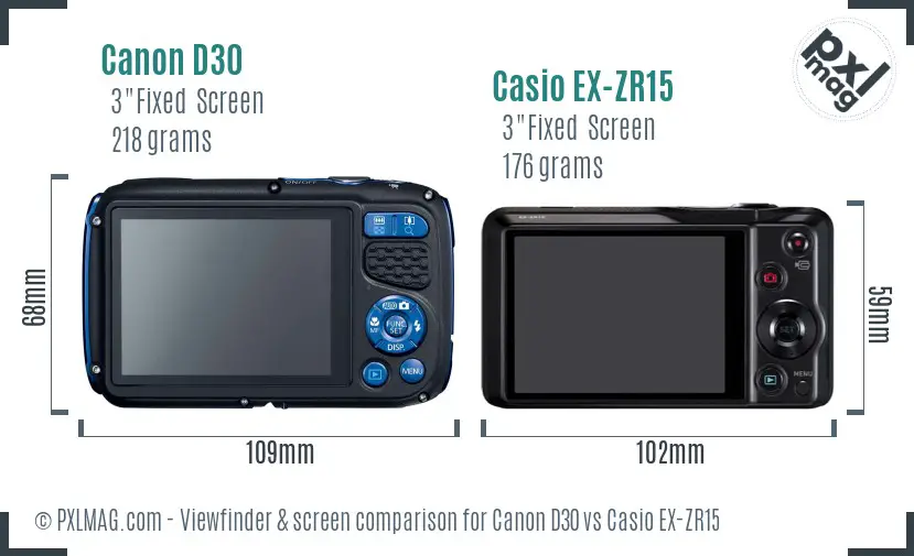 Canon D30 vs Casio EX-ZR15 Screen and Viewfinder comparison