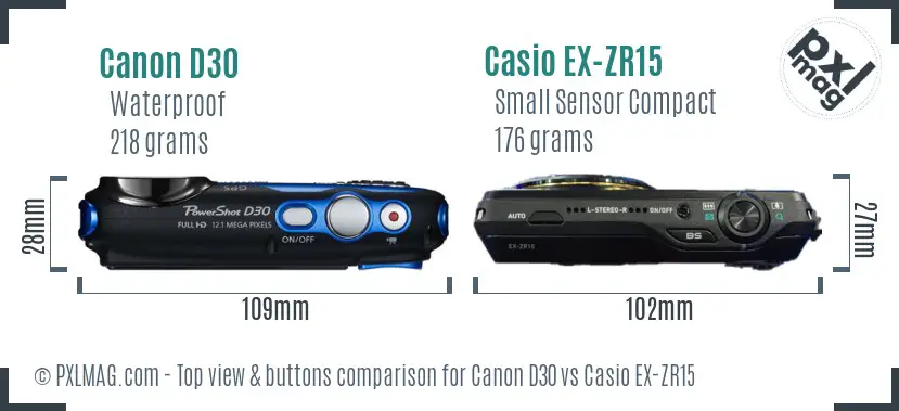 Canon D30 vs Casio EX-ZR15 top view buttons comparison