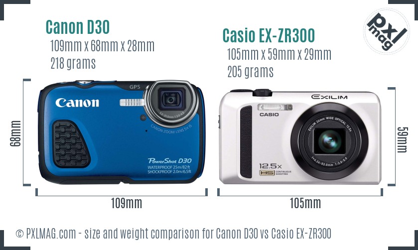 Canon D30 vs Casio EX-ZR300 size comparison