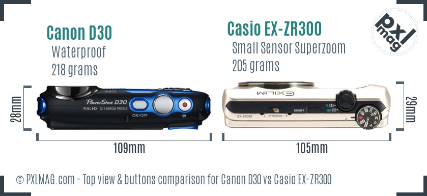 Canon D30 vs Casio EX-ZR300 top view buttons comparison