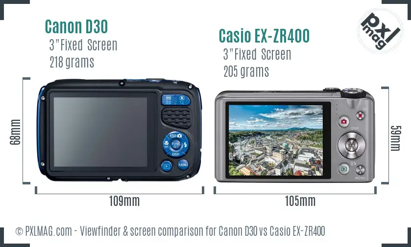 Canon D30 vs Casio EX-ZR400 Screen and Viewfinder comparison