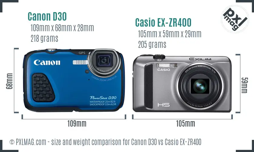 Canon D30 vs Casio EX-ZR400 size comparison