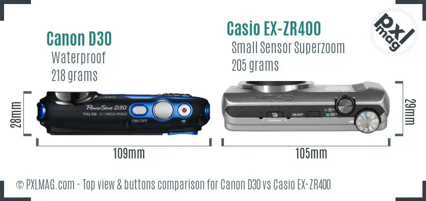 Canon D30 vs Casio EX-ZR400 top view buttons comparison