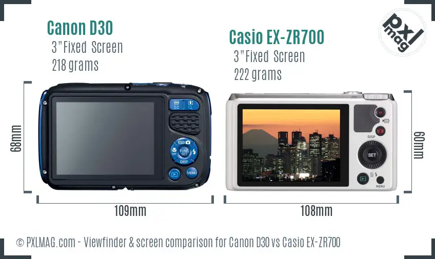Canon D30 vs Casio EX-ZR700 Screen and Viewfinder comparison
