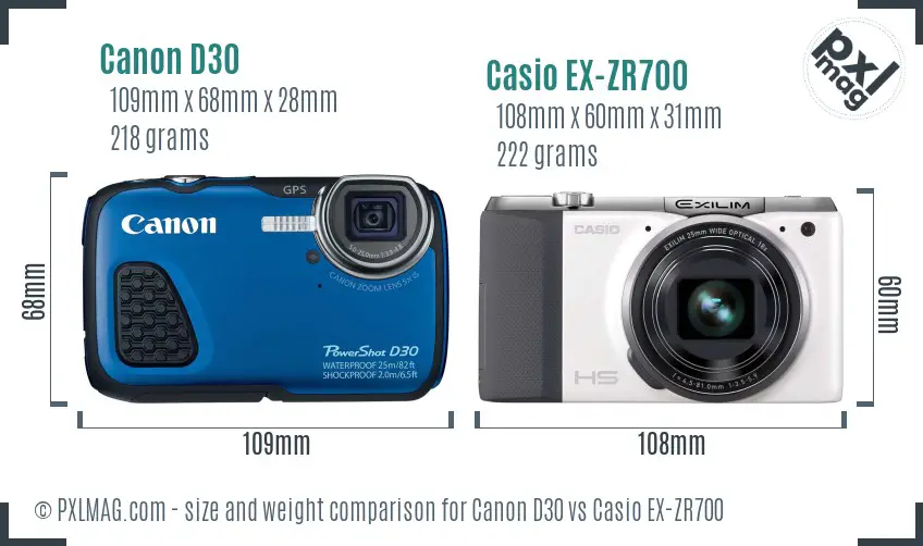 Canon D30 vs Casio EX-ZR700 size comparison