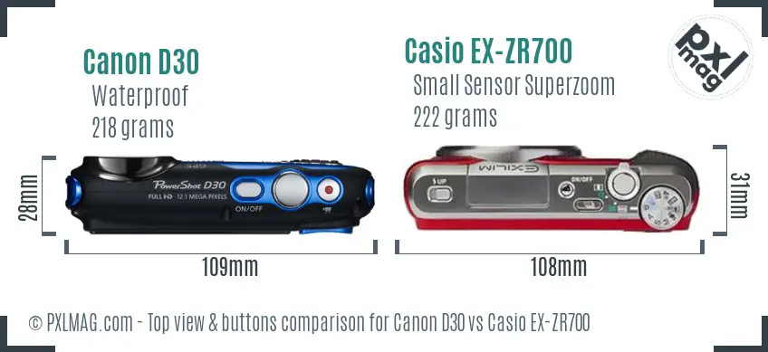 Canon D30 vs Casio EX-ZR700 top view buttons comparison