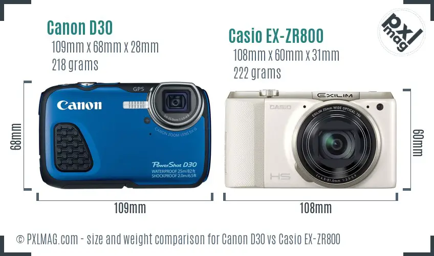 Canon D30 vs Casio EX-ZR800 size comparison