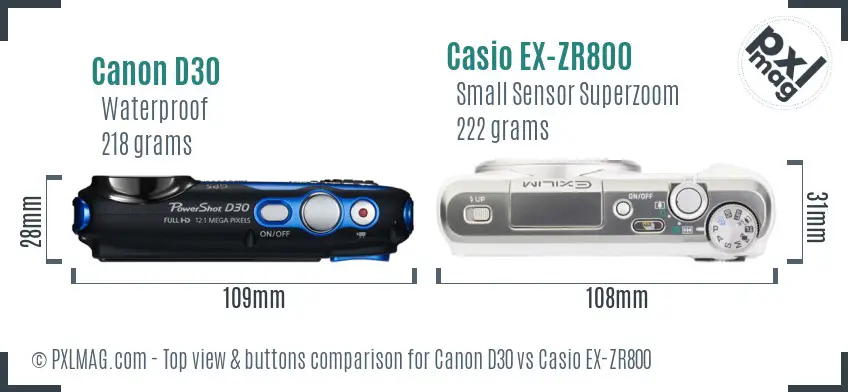 Canon D30 vs Casio EX-ZR800 top view buttons comparison