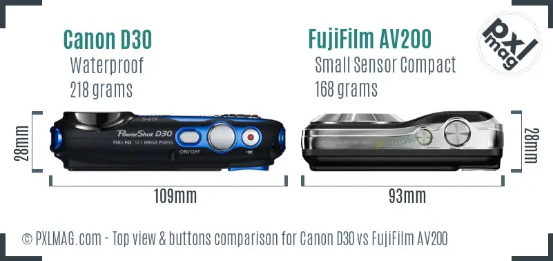 Canon D30 vs FujiFilm AV200 top view buttons comparison