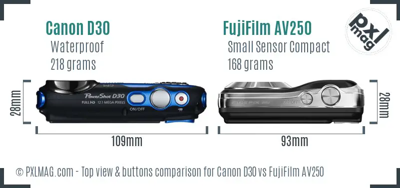 Canon D30 vs FujiFilm AV250 top view buttons comparison