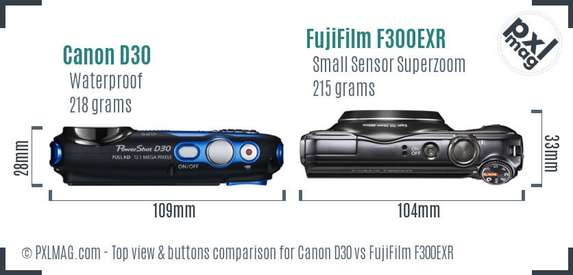 Canon D30 vs FujiFilm F300EXR top view buttons comparison