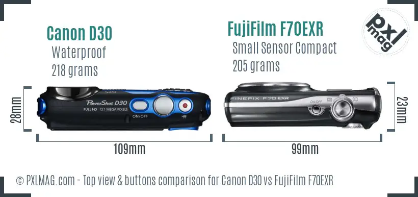 Canon D30 vs FujiFilm F70EXR top view buttons comparison Canon D30 vs FujiFilm F70EXR top view buttons comparison