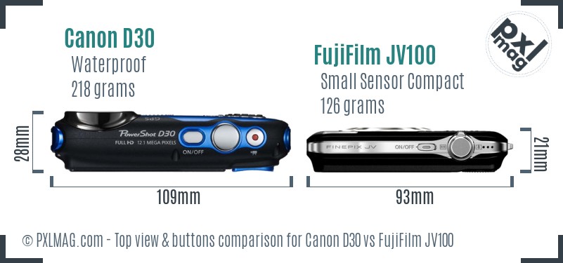 Canon D30 vs FujiFilm JV100 top view buttons comparison