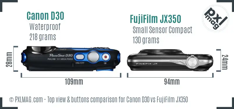 Canon D30 vs FujiFilm JX350 top view buttons comparison