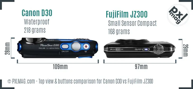 Canon D30 vs FujiFilm JZ300 top view buttons comparison