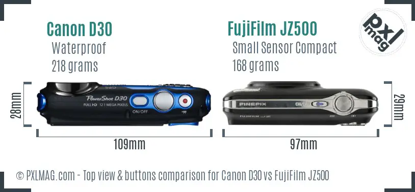 Canon D30 vs FujiFilm JZ500 top view buttons comparison Canon D30 vs FujiFilm JZ500 top view buttons comparison