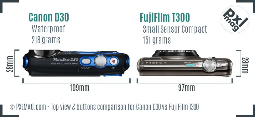 Canon D30 vs FujiFilm T300 top view buttons comparison