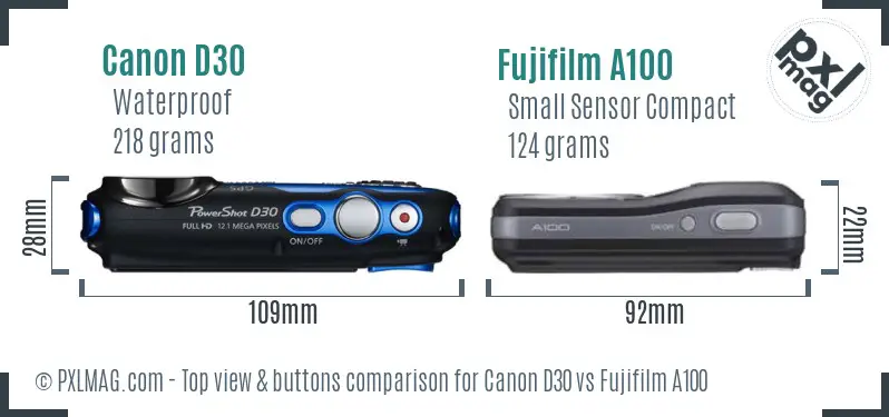 Canon D30 vs Fujifilm A100 top view buttons comparison