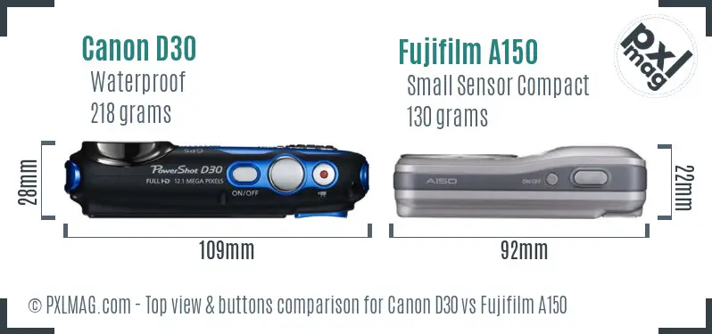 Canon D30 vs Fujifilm A150 top view buttons comparison Canon D30 vs Fujifilm A150 top view buttons comparison
